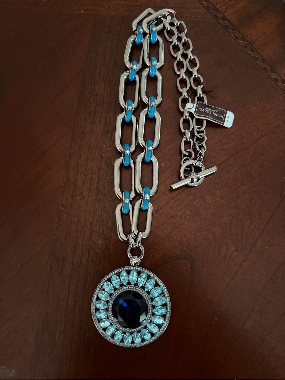 Henri Bendel Blue Gunmetal Vanderbilt Medallion Statement Necklace NWT